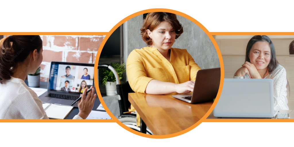 Three women on laptops during online training session 